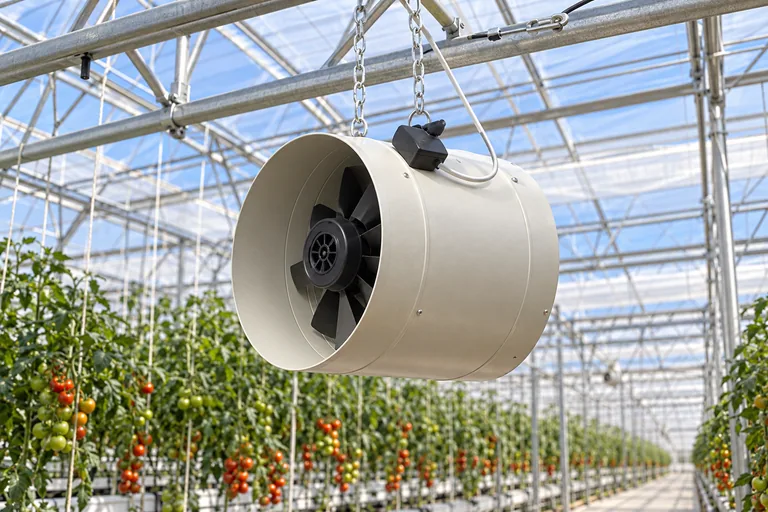 Greenhouse circulation fans and climate sensors