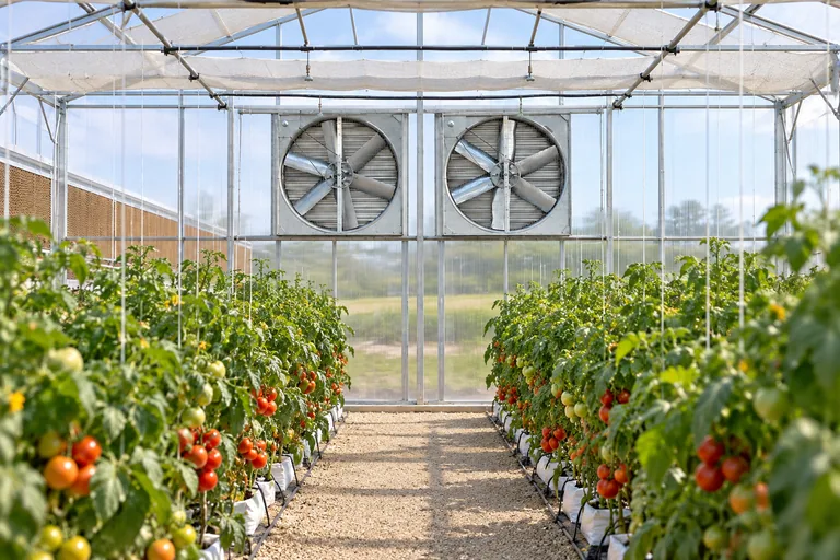 Greenhouse pad wall and opposing exhaust fans