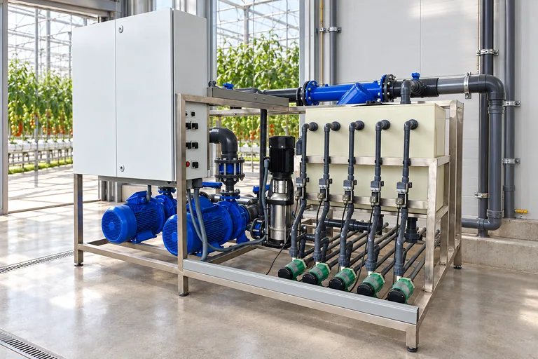 Fertigation unit with dosing pumps and nutrient tanks