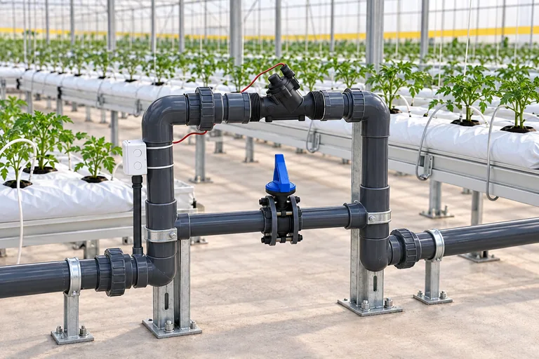 Automatic irrigation controller and pump group in a greenhouse technical room