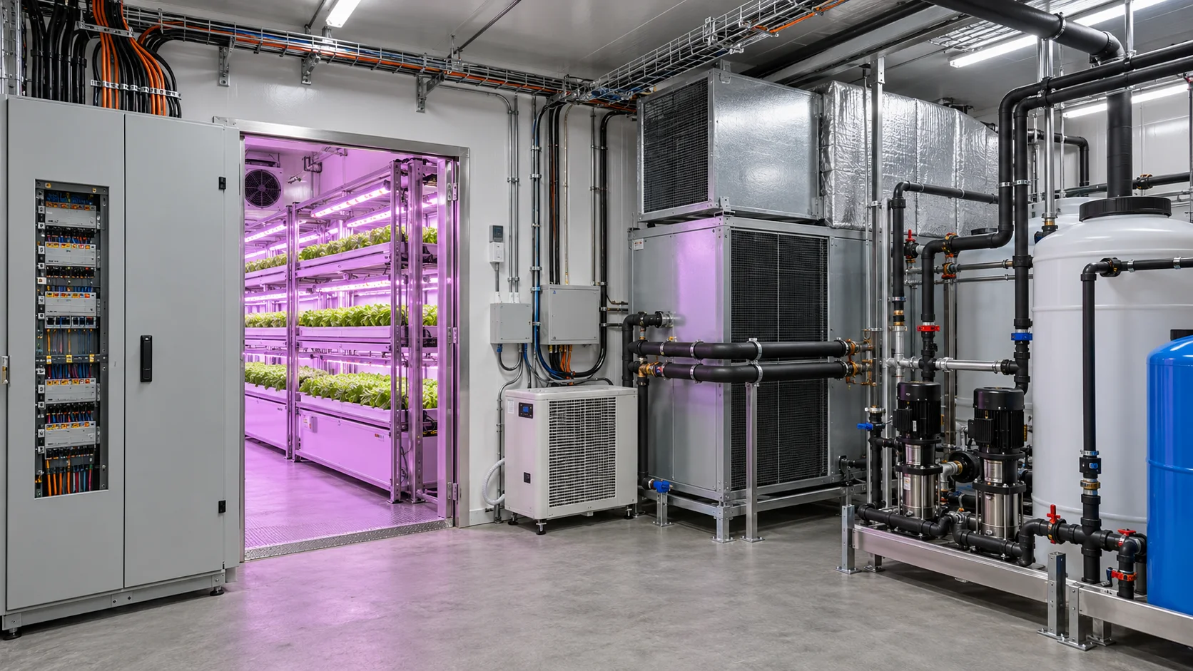 Konteyner tarım için HVAC, elektrik, pompa ve LED kapasite altyapısı