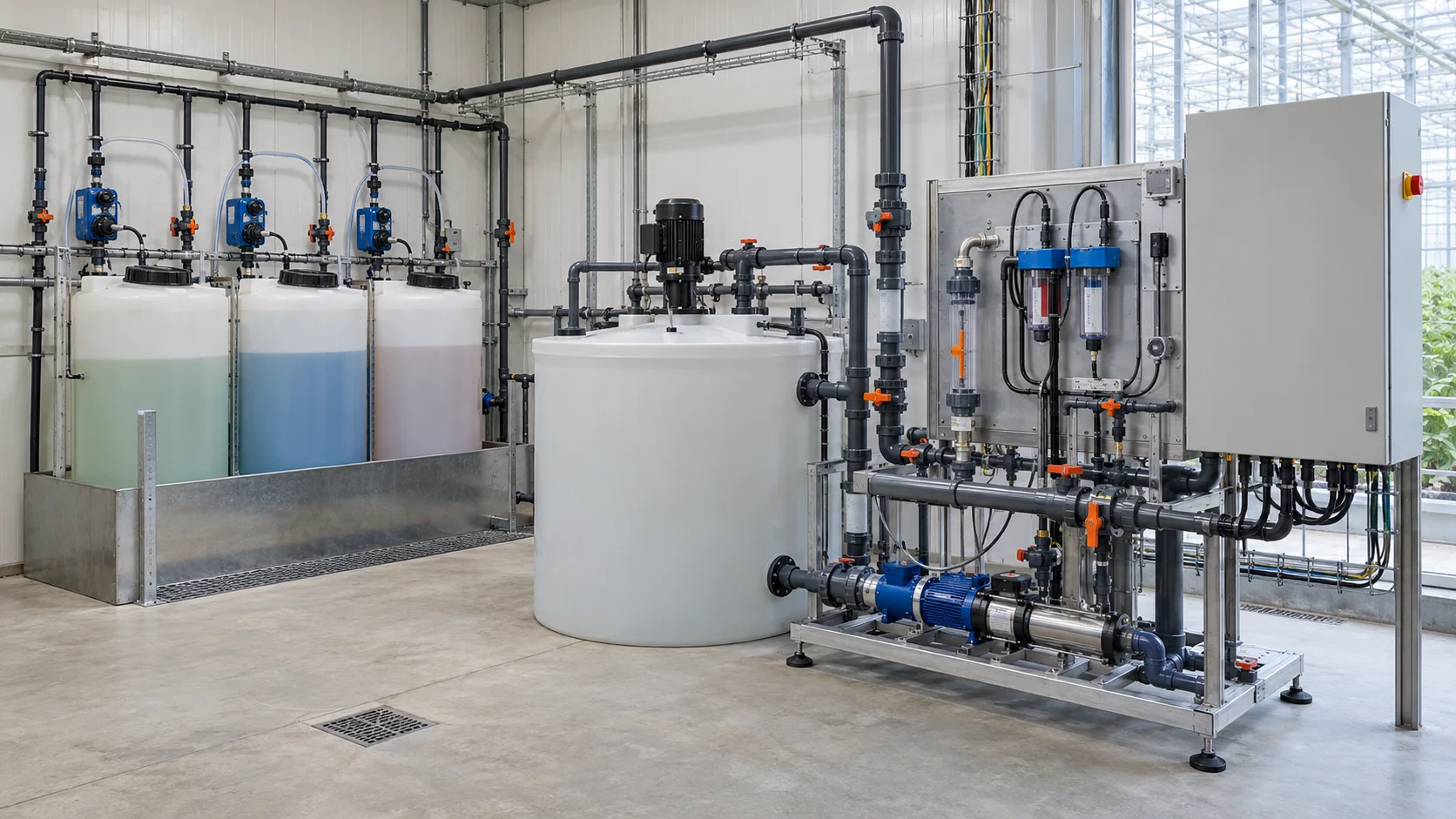 Stok tankları, dozaj pompaları ve EC pH ölçümlü fertigasyon ünitesi