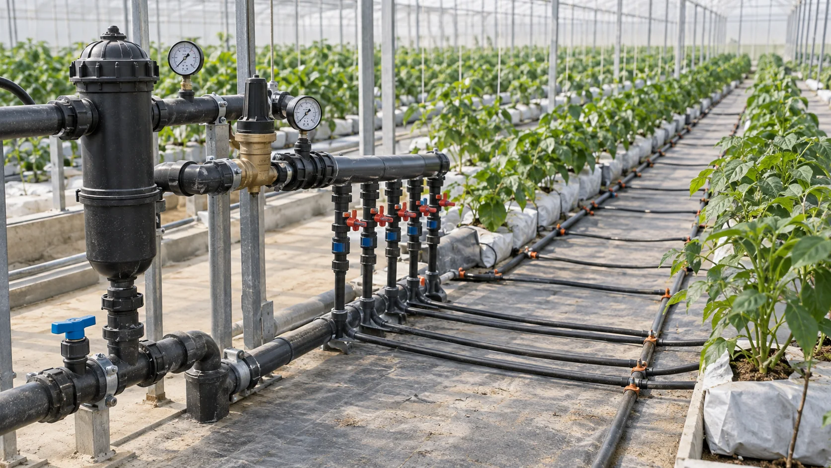 Sera damla sulama filtresi, vana manifoldu ve lateral hatları